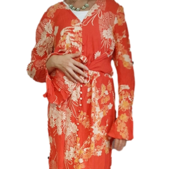 Red and White Floral Long Free People Dress M - Picture 2 of 8